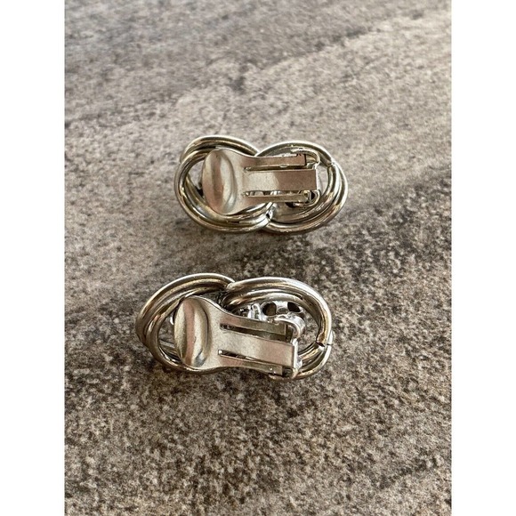 Vintage Clip Ons Earrings Silver Tone Abstract Design Geometric Art Deco - Picture 4 of 11